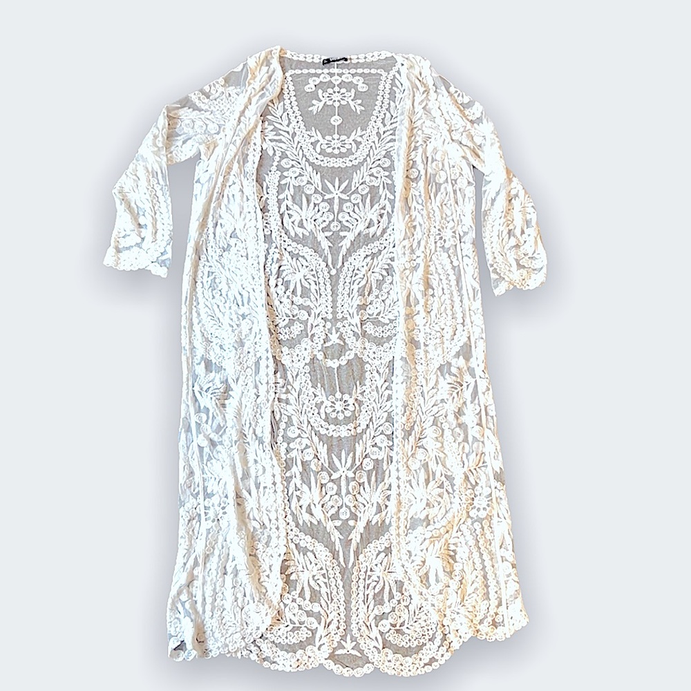 SHEIN white lace longline kimono